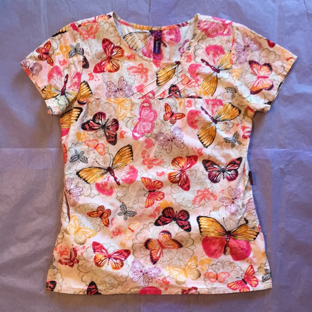 Scrub Works Butterflies Floral Medallions Scrub Top Size Small